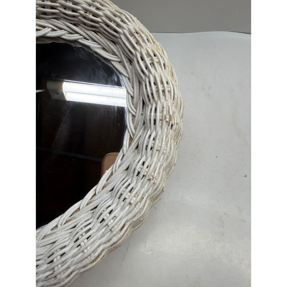 Vintage White Wicker Hand Mirror Woven Rattan Paddle Vanity Mirror Cottagecore - Picture 4 of 10
